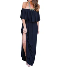 Летнее Длинное Платье Макси, женское повседневное длинное платье, сексуальное пляжное платье с разрезом и оборками, сарафан для женщин размера плюс, женское однотонное платье Макси GV741