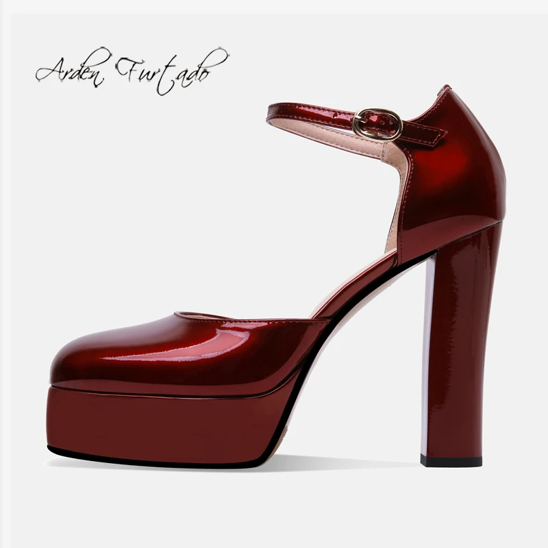 

Arden Furtado Summer Fashion Women's Shoes Buckle strap square toe Burgundy Chunky Heels Sexy ElegantPumps Party Shoes size 40