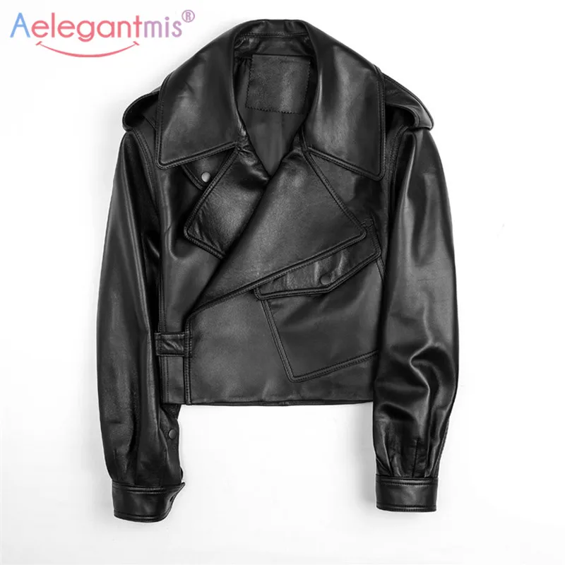 Aelegantmis черная короткая Свободная куртка из искусственной кожи, осенне-зимняя мягкая куртка из искусственной кожи, Уличная Повседневная Верхняя одежда, Женская байкерская куртка