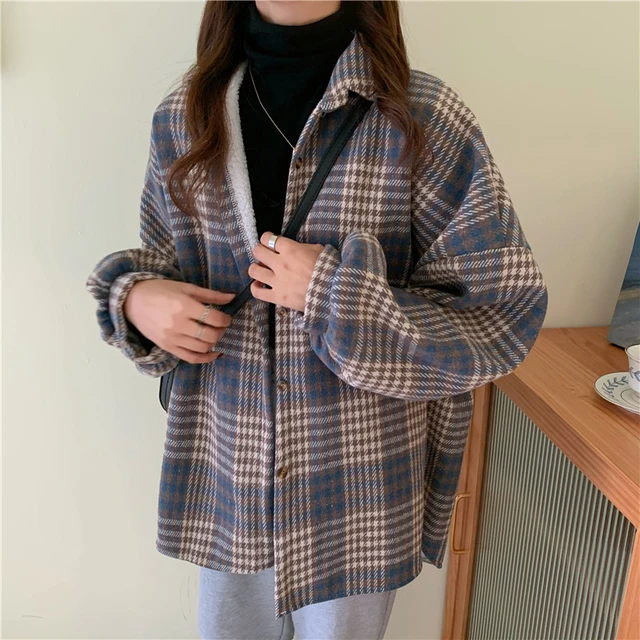 Zoki Warm Women Plaid Shirt Winter Thick Velvet Lining Loose Long Sleeve Ladies Blouse Turn Down Collar Vintage Blusas De Mujer 6