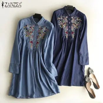 

ZANZEA Women Lapel Neck Long Sleeve Denim Blue Shirts Dress Floral Embrodery Blouse Loose Long Tops Plus Size Femininas Blusas