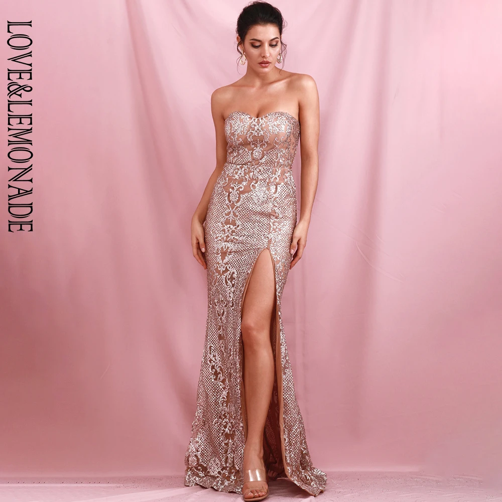 Платье макси LOVE & LEMONADE розовое золото без бретелек с геометрическим блеском