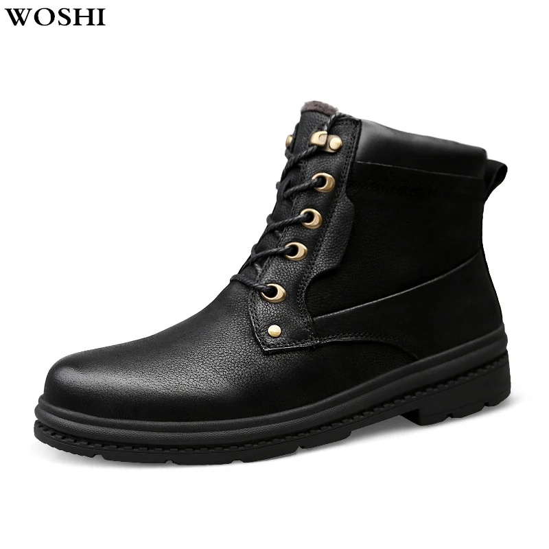 

Men Boots Winter Plush war genuine Leather Snoes Round Toe Anti-slip Snow Ankle Boots Sewing Soft Rubber Boots big size 47