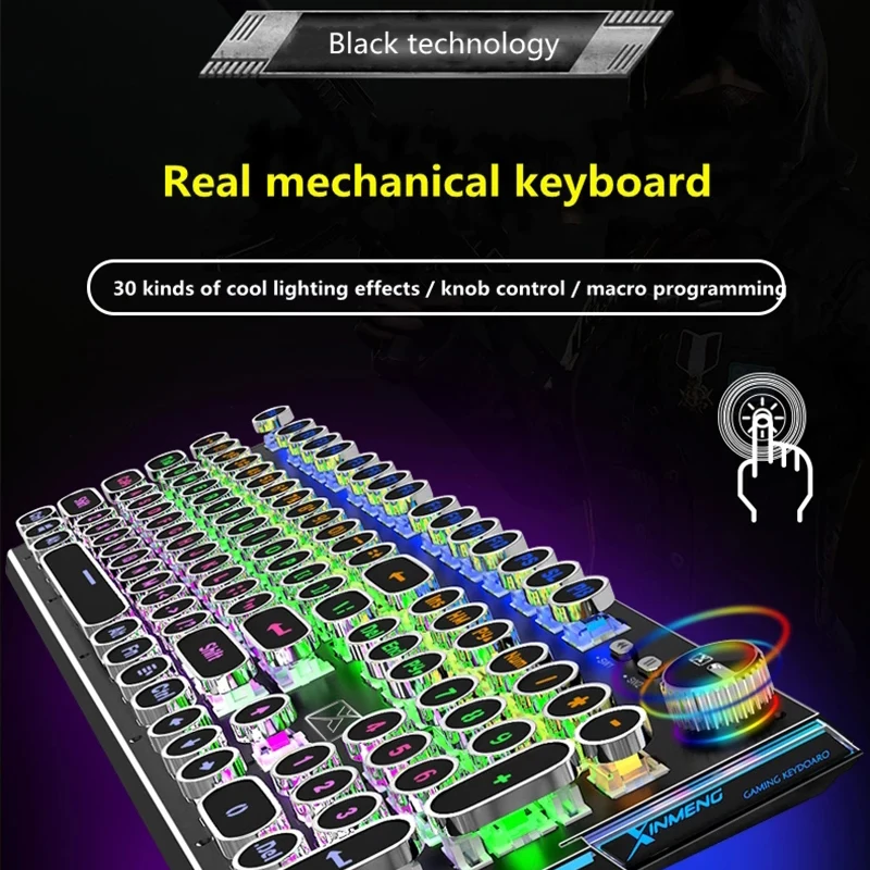 

High-End Steampunk Mechanical Backlit Keyboard RGB Glowing Dual Mode Knob Retro Metal Panel Colorful Gaming Keyboard For PC