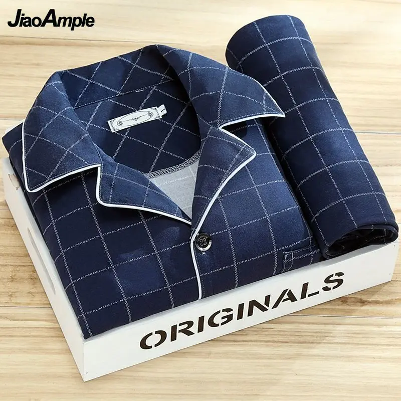 Men's Spring Autumn Striped Long-sleeved Trousers Pijamas Two-piece Loose Nightwear Homewear Set pajama sets