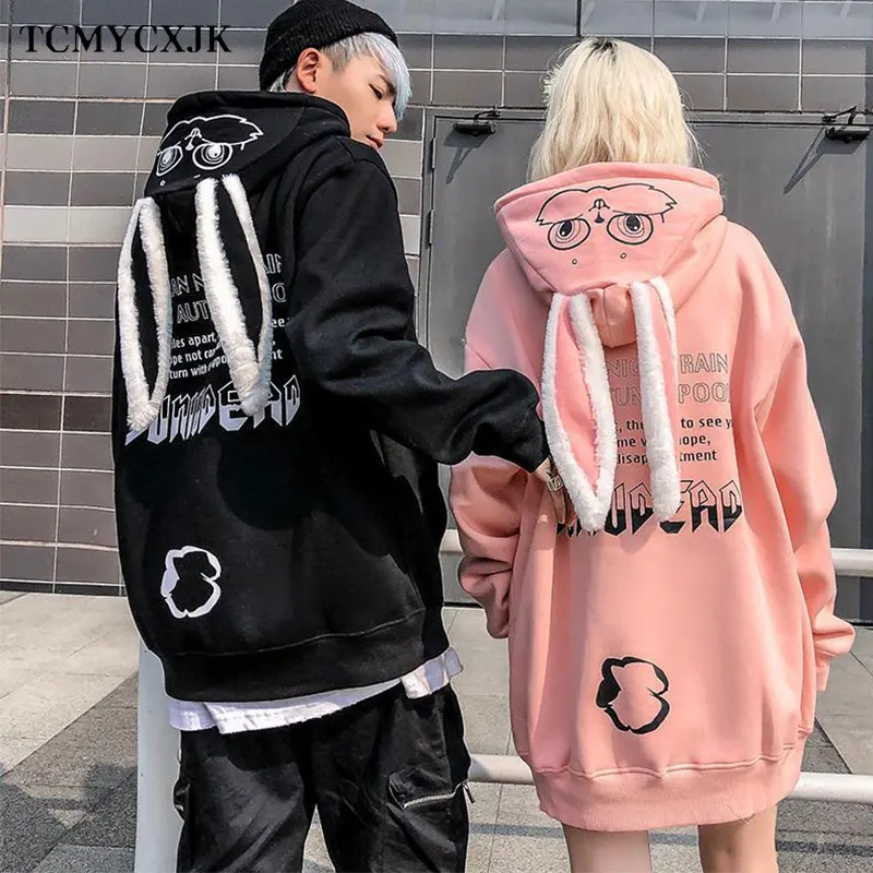 

2020 Winter Sweatshirt Korean Style Loose hoodie Bunny Ears Plus Velvet Thickening Warm Couple Wear Hooded Female Jacket