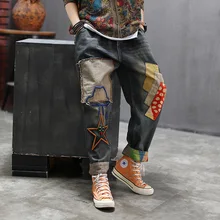 Джинсы женские повседневные Ретро осенние Лоскутные вышивка стиранные поцарапанные винтажные шаровары женские дикие