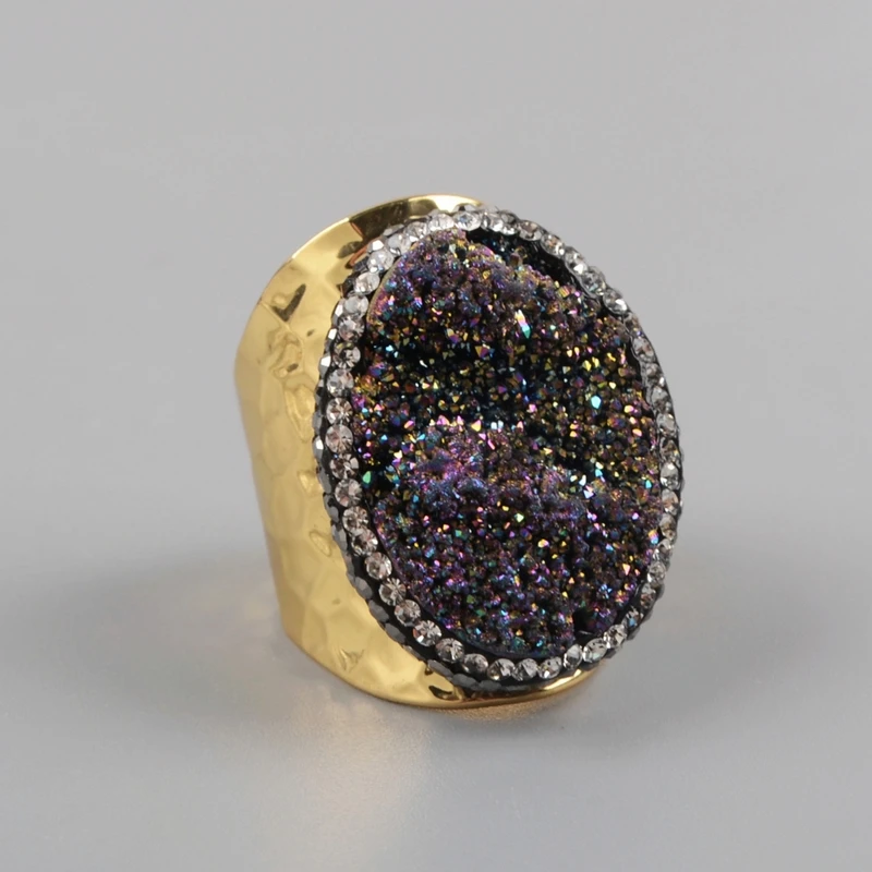 BOROSA, золотая, Радужная, с кристаллами, титановое кольцо, друзы, кварц, проложенный циркон, высокое качество, Drusy, Кристальные драгоценные камни, кольцо для женщин, JAB255 - Цвет основного камня: rainbow