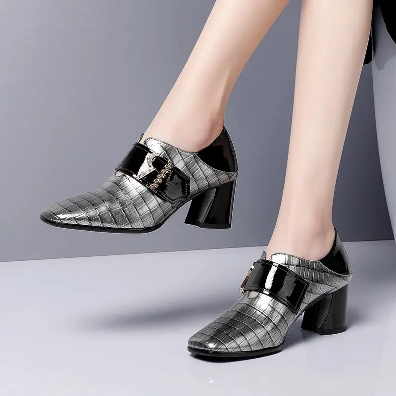 ALLBITEFO real genuine leather women heels spring autumn rhinestone office ladies shoes Square toe concise high heel shoes