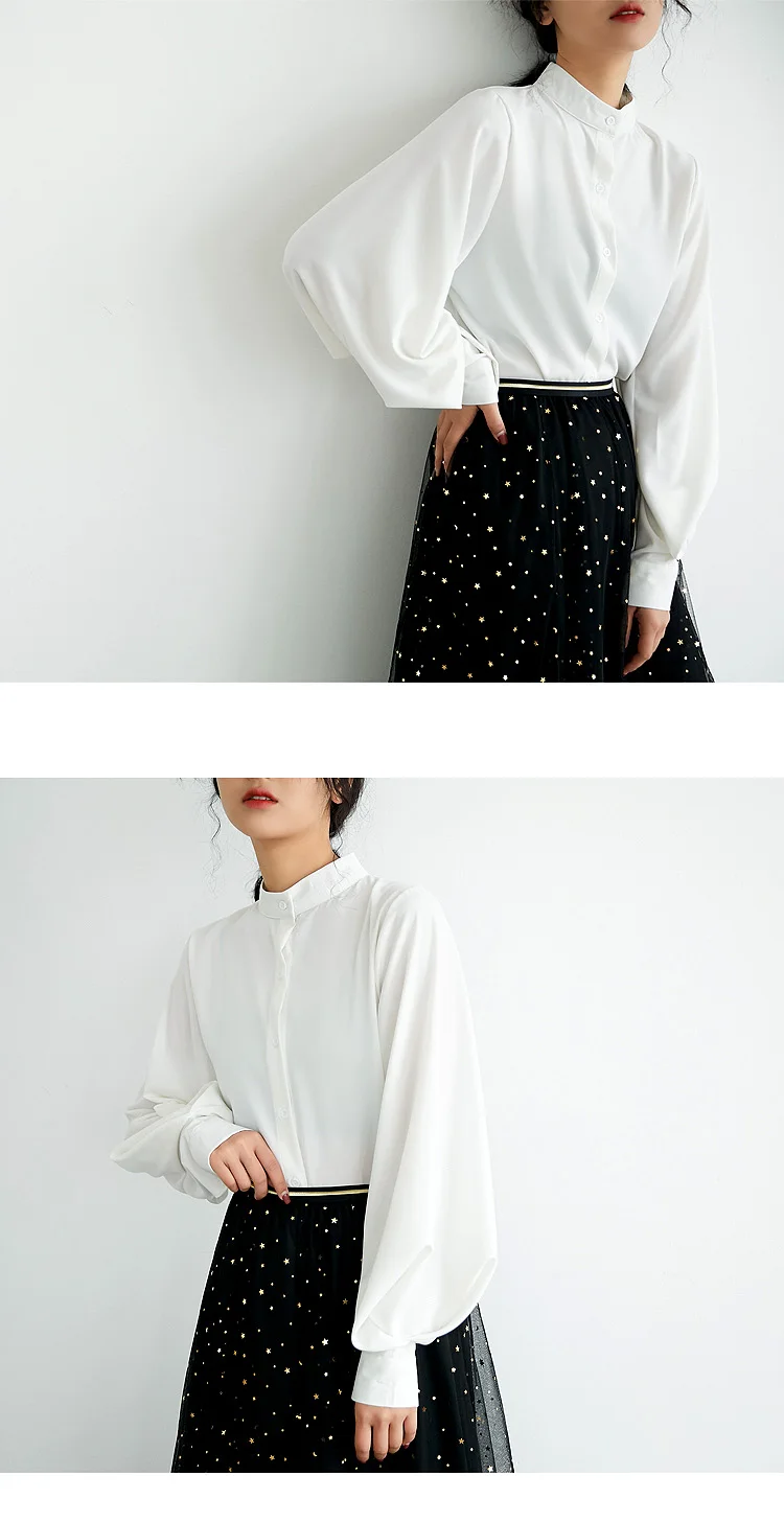 Осень, модные женские шифоновые рубашки в винтажном гонконгском стиле, рубашка с рукавом-фонариком, одноцветные Блузы с длинным рукавом на пуговицах, 6462 50