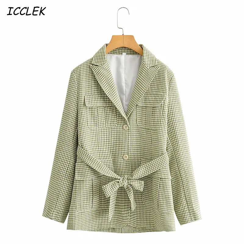 

Plaid Blazer with Belt Women's Retro Suit Long Sleeve Notched Tweed Blazer Za2020 Office Lady Suit Jacket Femenino Ropa Autumn