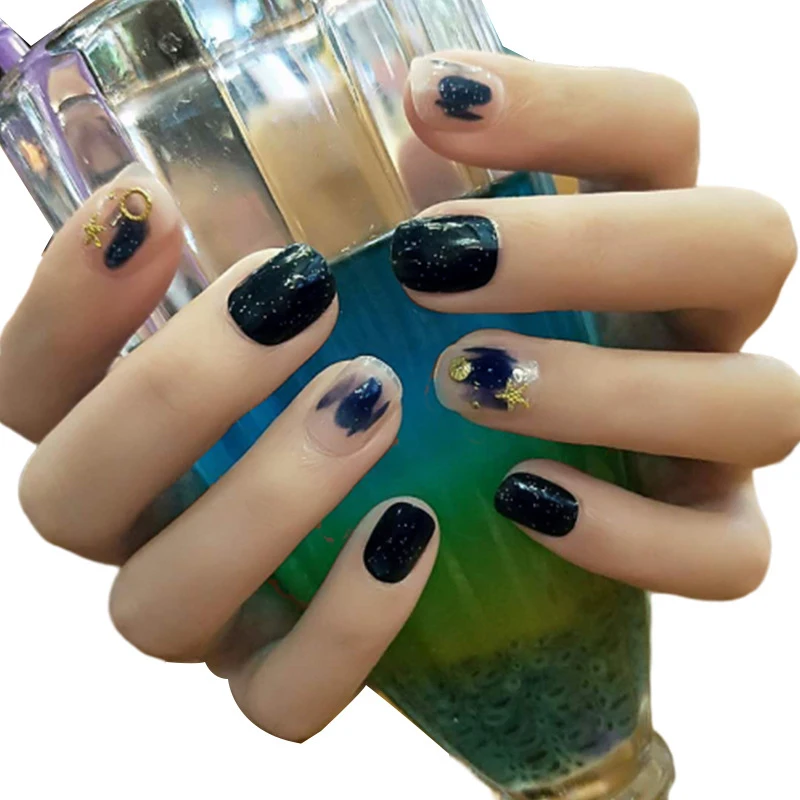 24pcs Imitation Fake Nails Nail Art Nail Care 3D Fake Nails Blue Star Sky Diamond WH998