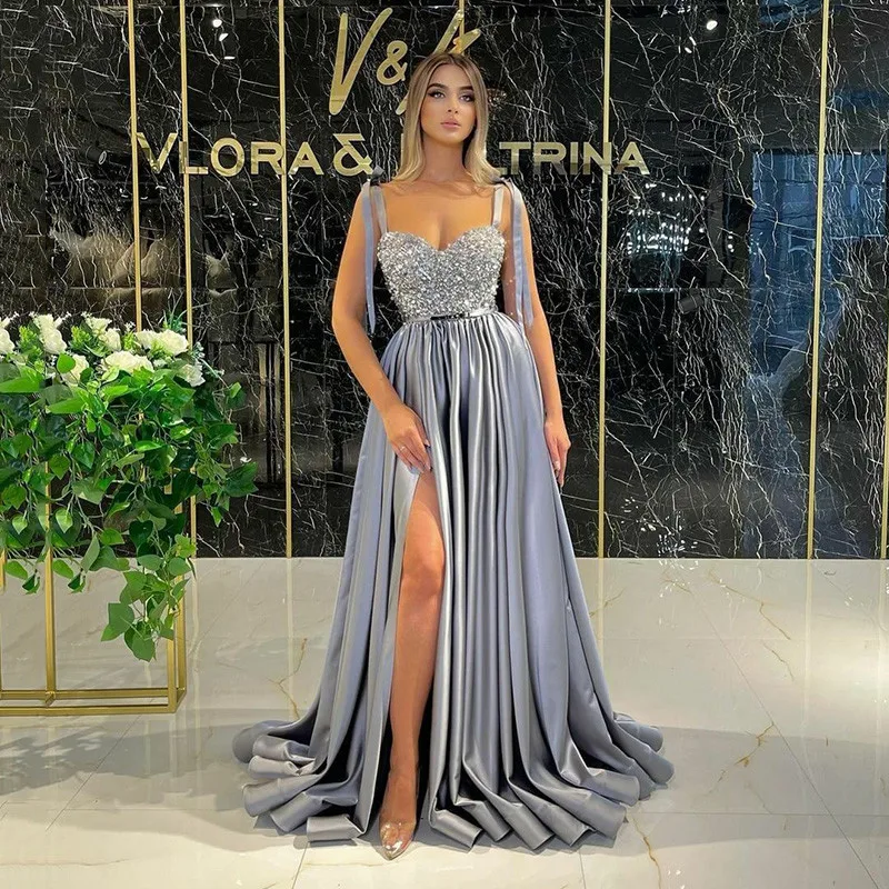 

BridalAffair, сексуальное атласное платье на бретелях-спагетти, женское вечернее платье с разрезом до пола для коктейвечерние НКИ