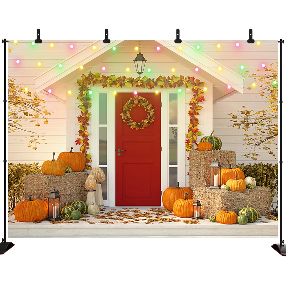 

Fall Thanksgiving Day Photography Backdrop Outdoor House Pumpkin Haystack Decoration Vinyl Background for Party Photo Studio