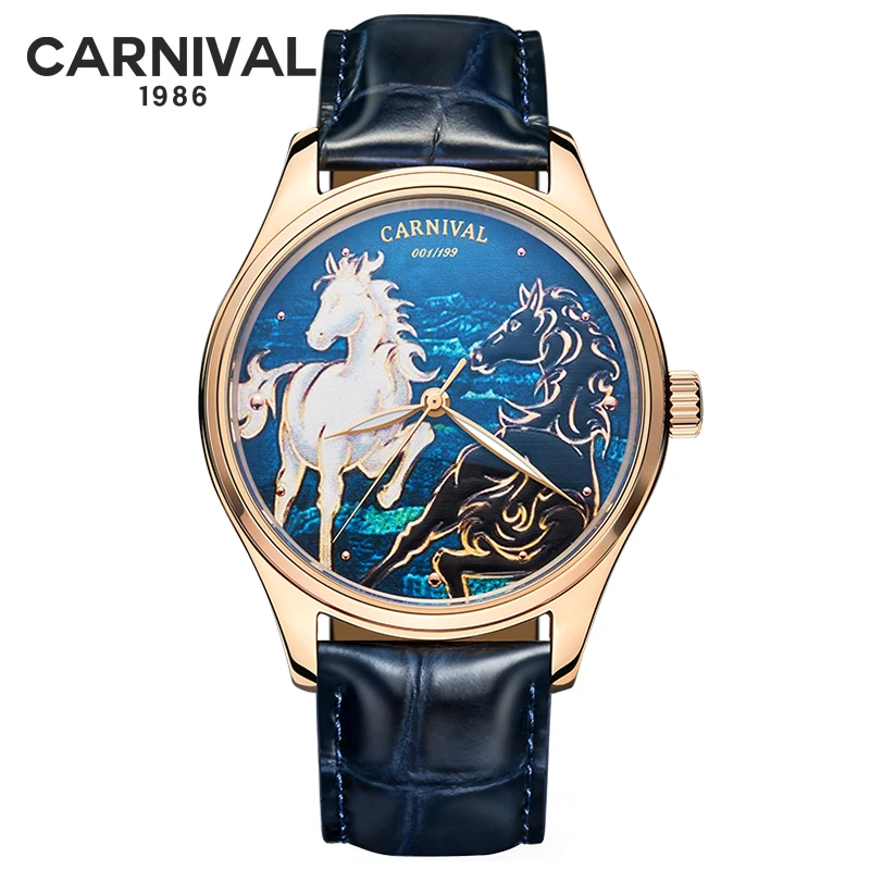 Relogio Masculino Carnival брендовые Роскошные автоматические часы для мужчин 3D Horse MIYOTA Move