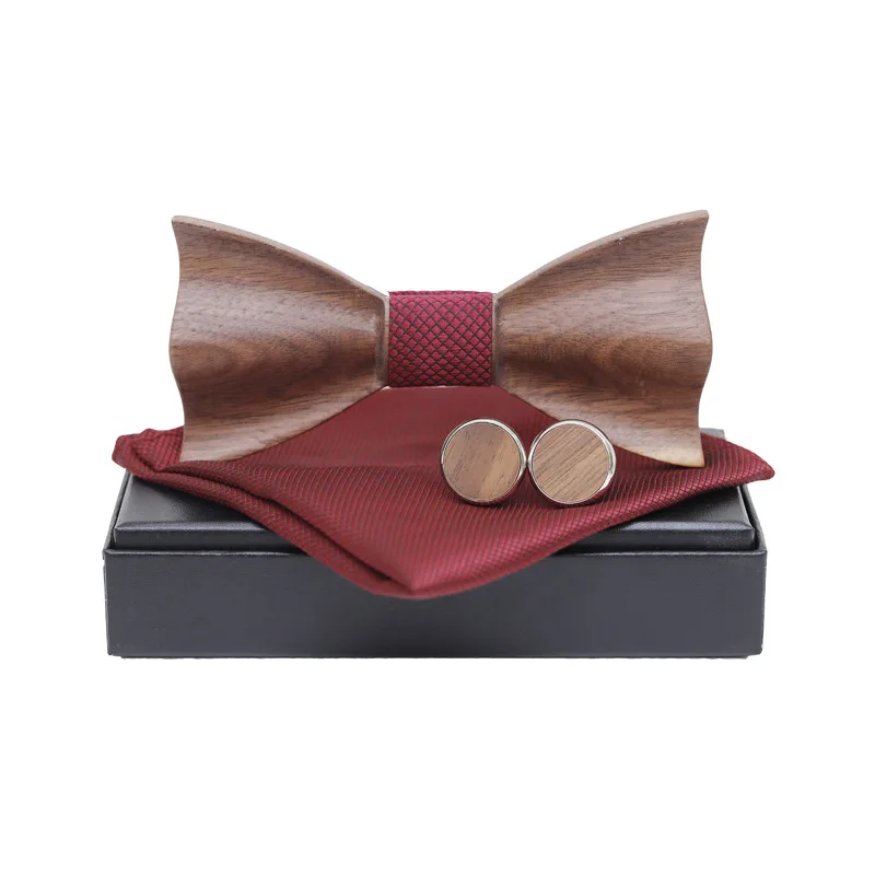  1920s Mens 3D Wooden Bowtie Pocket Square Cufflinks Set Brown Black Jacquard Handkerchief Bow Tie S