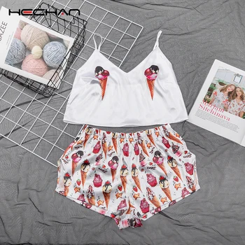 

HECHAN Ice Cream Print Satin Pajamas V Neck Sleeveless Two Piece Set Women Pajama Sexy Sleepwear Pattern Lounge Wear Suit Sets