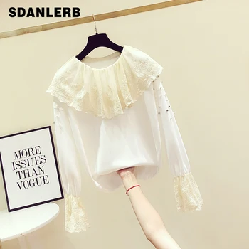 

New Korean Style Pull Hoodie Woman Autumn Fashion Stitching Lace Doll Lapel Collar Flare Sleeve Nailed Bead Pullovers Sweatshirt