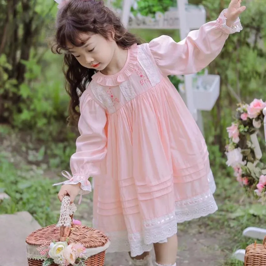

Spanish Children's Clothing Spring Autumn Girl Sweet Cute Lolita Dress French Princess Birthday Party Retro Pink Dress A1015