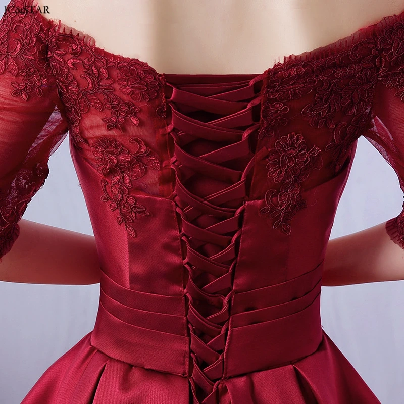 Vestido boda mujer invitada новые атласные кружева подбородок плеча Половина рукава линии бордовый платья подружек невесты для свадьбы длинные damigel