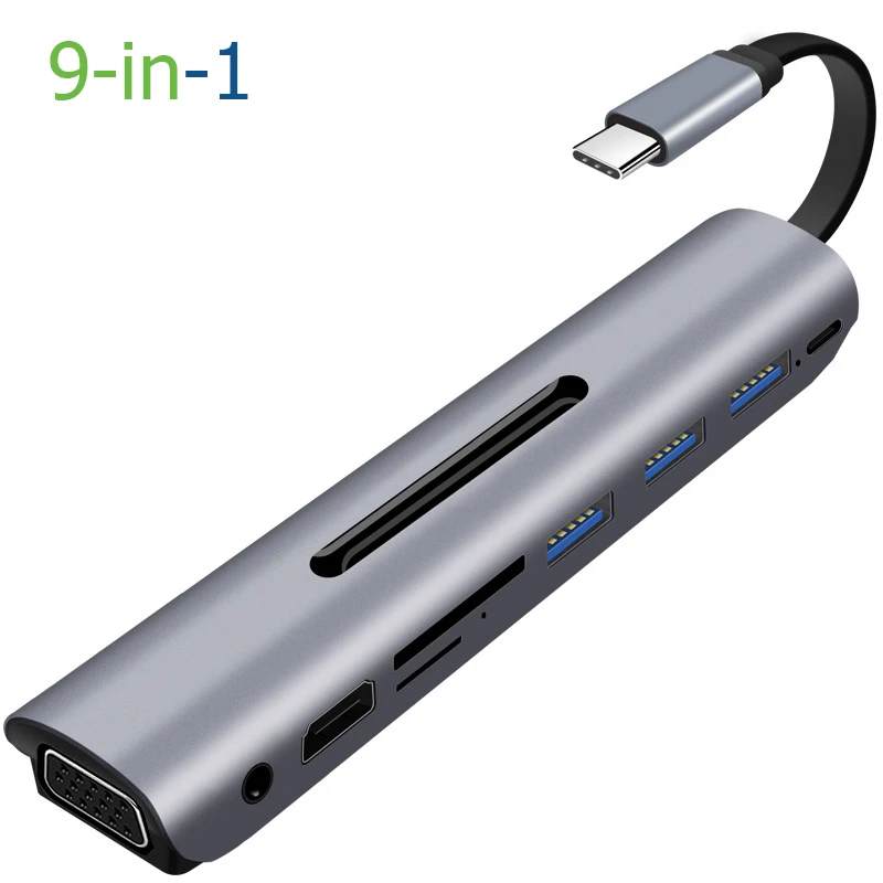 USB 3,1 type-C концентратор к HDMI адаптер концентратор usb type C к PD HDMI адаптер полоса type C к аудио VGA девять в одном удлинительном док-станке - Цвет: 9 in 1