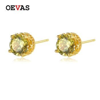 

OEVAS 18K Gold Color 100% 925 Sterling Silver Stud Earrings For Women Sparking 7mm Zircon Gemstone Wedding Party Bridal Jewelry