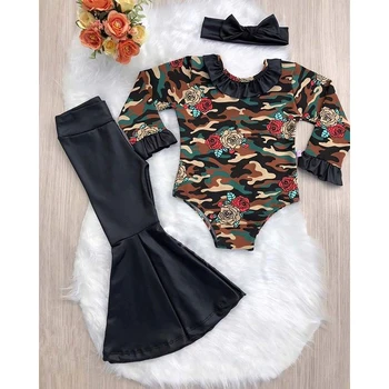 

Rorychen New Baby Girls Camouflage Clothes Jumpsuit Romper Bodysuit Bell-bottoms Pants Headband 3Pcs Outfits Baby Clothing Sets