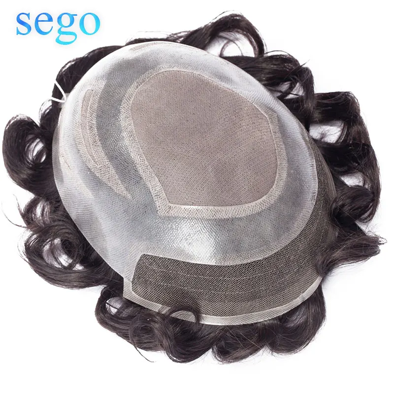 

SEGO 8"x10" 6 Inch Lace&Mono&PU Base Men Toupee Handmade Hair Replacement Systems Mens Wig Non-remy Natural Black Density 130%