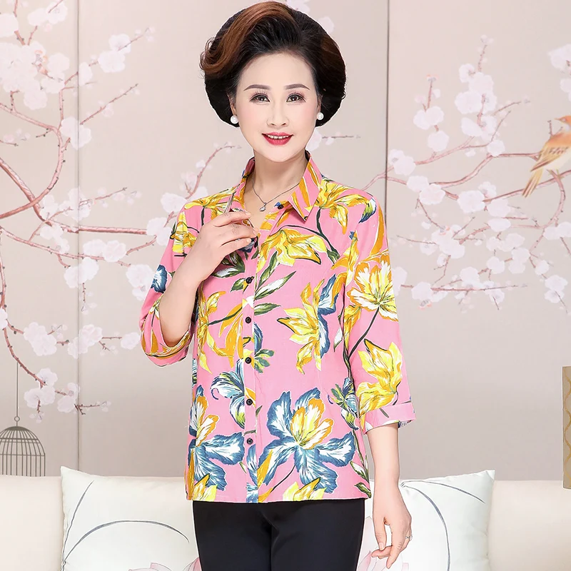 

Middle Aged Women Casual Floral Shirt Red Green Yellow Flower Printing Cotton Tops Female Leisure Comfort Shirt Spring Autumn