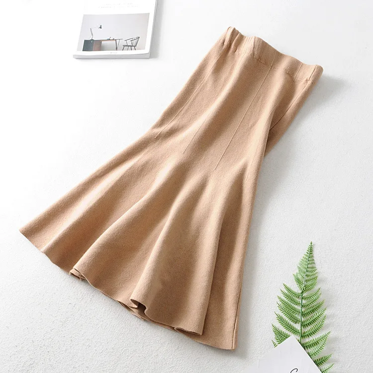 Гибкий эластичный с высокой талией Миди рюшами рыбий хвост трикотажная юбка для женщин зимние женские вязаные юбки черный хаки бежевый