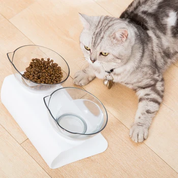 

Cat Non-Slip Double Food Bowl with 15° Slant Support, Cute Cat-Shaped Bowl with Cervical Protection, Black/White/Transparent
