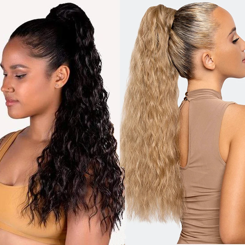 DIANQI Synthetic Corn Wavy Long Curly Ponytail Hairpiece Wrap on Clip Hair Extensions Black Pony Hair