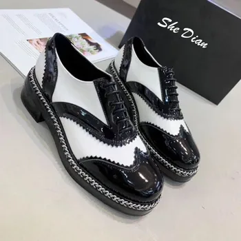 

New arrival 2020 spring and autumn women shoes lace up round toe chain causal shoes genuine leather mixed color shoes