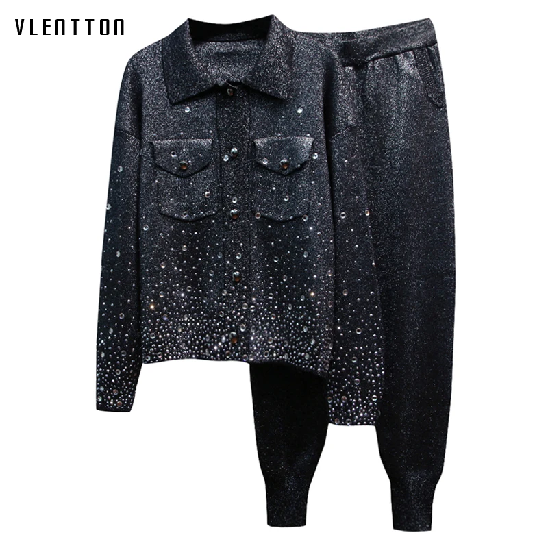 

Autumn Black Tracksuit For Women Solid Diamonds Knit Cardigans Sweater+Pants Suit Casual Sportswear Female Two Piece Set Clothes