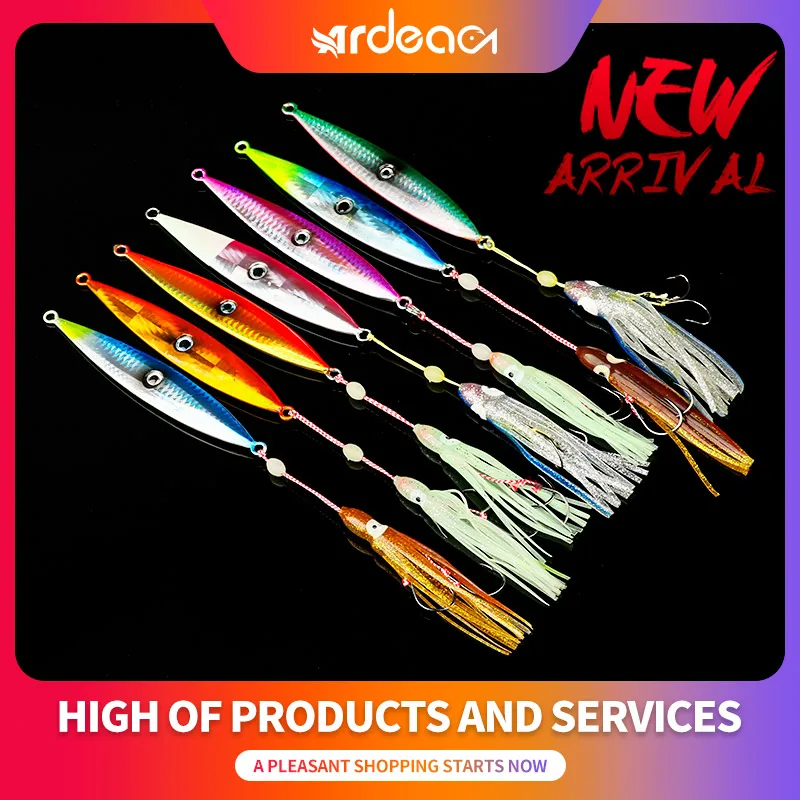 ARDEA Fishing Lure Metal Jig Slow Bait 60g/80g sinking Luminous silicone squid skirt With single hook Deep Sea Jigging Lur | Спорт и