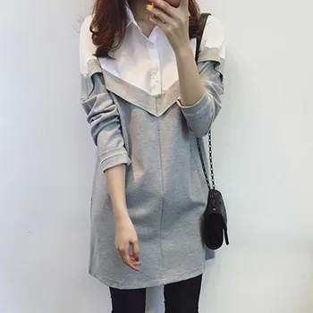 

B 2020 Women Elegant New Fashion Design College Wind Lapel Sleeve Stitching Solid Color Loose Tops Versatile Mid-length Blouse