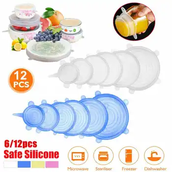 

6/12Pcs Food Grade Silicone Seal Cover Stretch Lids Kit Stretch Wraps Reusable Bowl Cover for Kitchen Food Fresh Keeping
