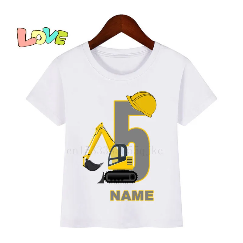 Baby Kids Cartoon Excavator Birthday Number Name Print T Shirt Children Birthday T-shirts Boy&Girl Funny Gift Tshirt Present