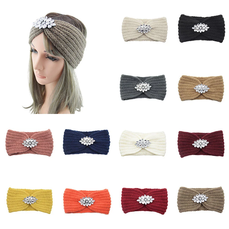 Winter Wide Knitted Headband Women New Clear Crystal Flower Twist Crochet Hair Band Head Wrap Rhinestone Ear Warmer Accessories headbands for women