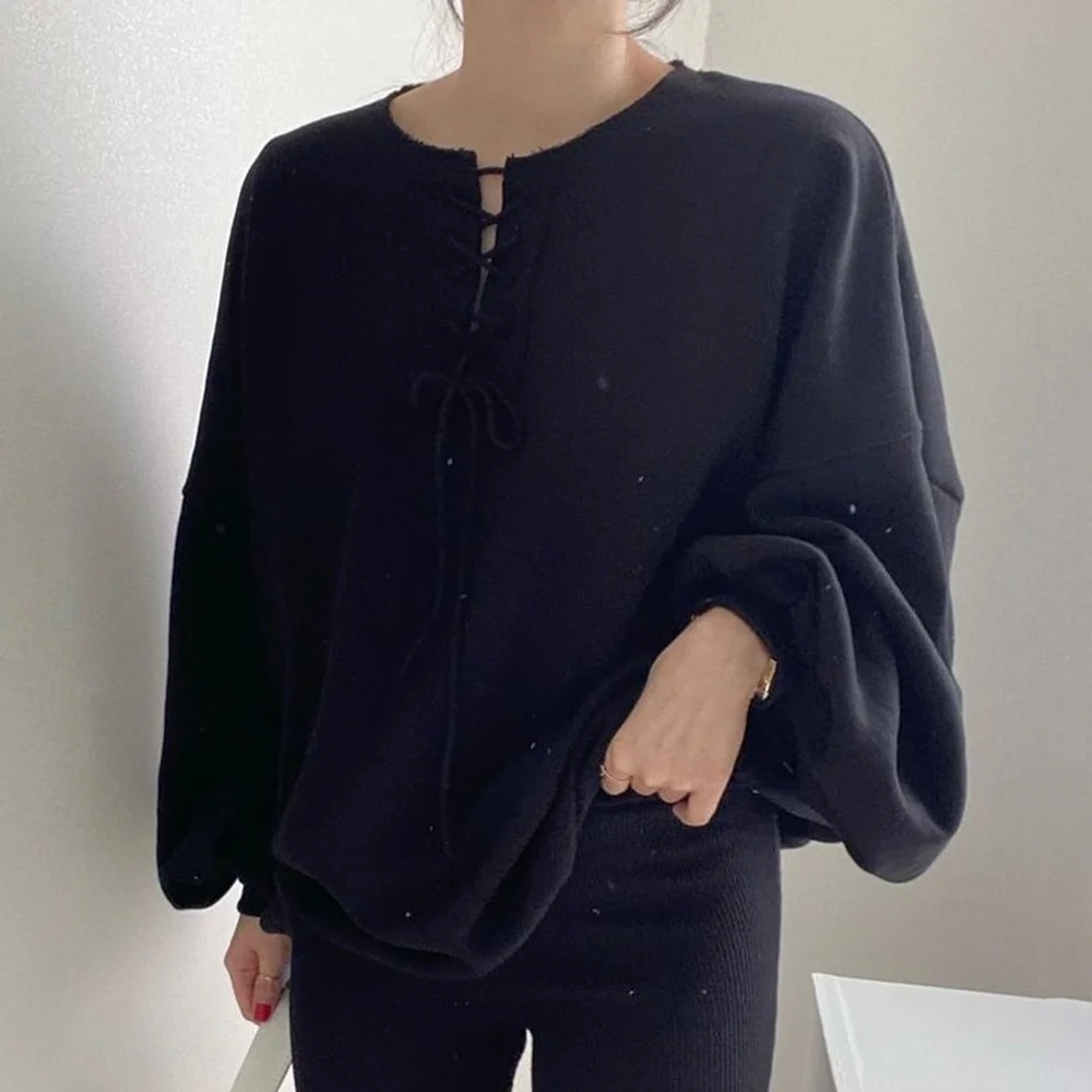 

Casual Solid Color Loose Sweatshirt for Women Lantern Sleeve O Neck Drawstring Pullover Sweat Shirt Top 2021 Spring Autumn New