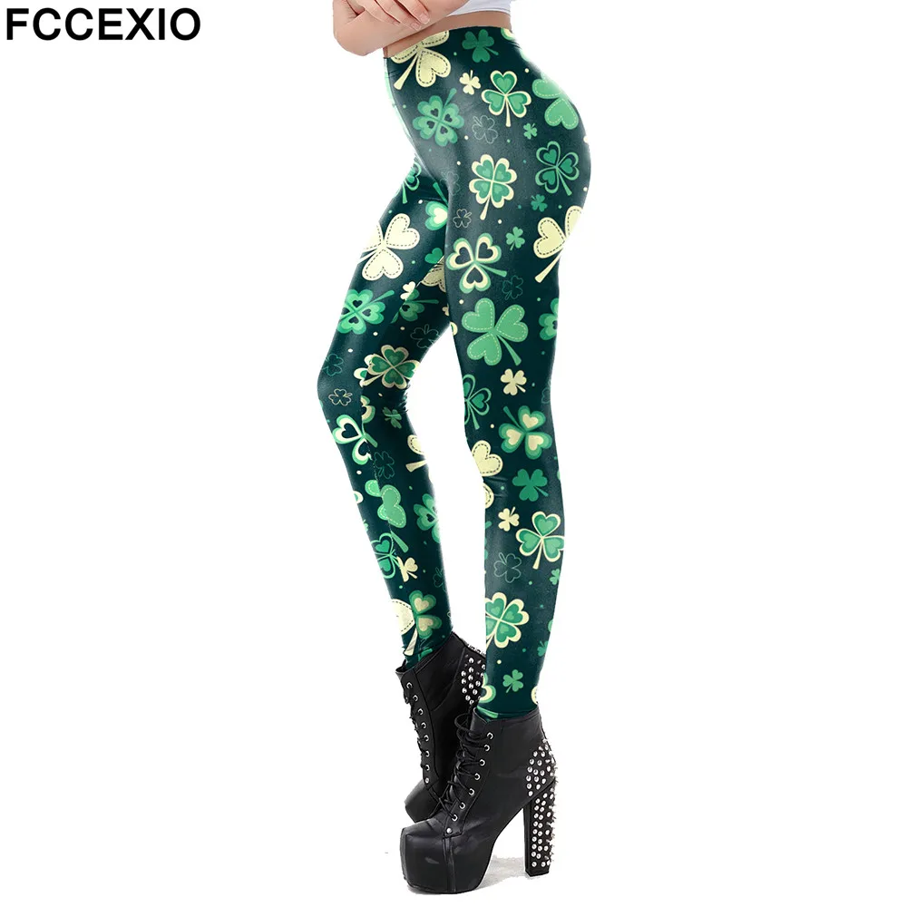 

FCCEXIO Fashion 3D Printed Women's Leggings For Saint Patrick's Day Green Shamrock Fitness Pants Workout Slim Leggins Spring