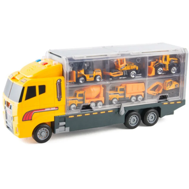 Большой грузовик и 6 шт. мини литой автомобиль модель 1: 64 масштабные Игрушки транспортные средства Перевозчик грузовик инженерный автомобиль игрушки для детей мальчиков, желтый