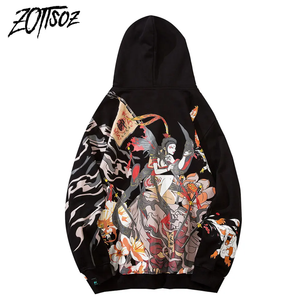 

Hoodies Mens Japanese Style Streetwear Harajuku Samurai Girl Flowers Print Hooded Sweatshirts Fashion 2020 Casual Pullover Tops