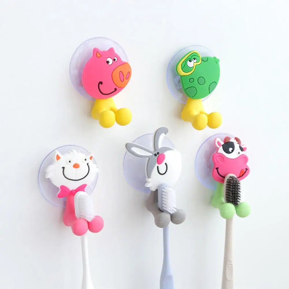 

5Pcs/Set Suction Cup Toothbrush Holder Lovely Cartoon Animal Shape Wall Toothbrush Holder Bathroom Accessories Set Towel Hook