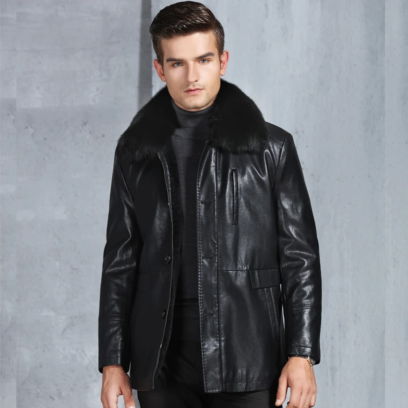 New Winter Men's Fox Fur Collar Leather Overcoat Jacket Coat | Мужская одежда