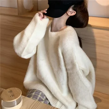 

Pullover women's fall/winter Korean loose thick knit sweater round neck white furry sweater coat Tops