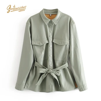 

Sheflourishes Womens lemon green PU Jacket Coat long sleeve zora office leather Jacket Outerwear Female zora pocket Coat SFC3b