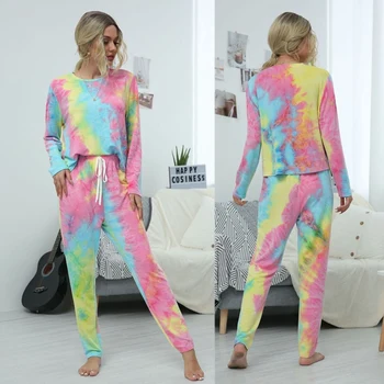 

Casual O Neck Tie-Dye Women Sets Sleepwear Loose Household Clothing Lady Gradient Colorful Long Sleeve Suits