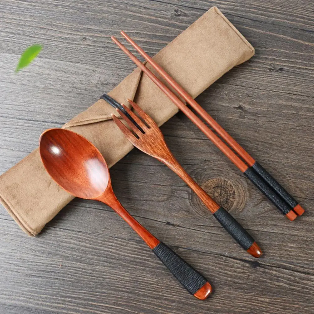 

4PCS Japanese Wooden Spoon Chopsticks Fork Tableware Set Convenient Take-Away Cutlery Sets