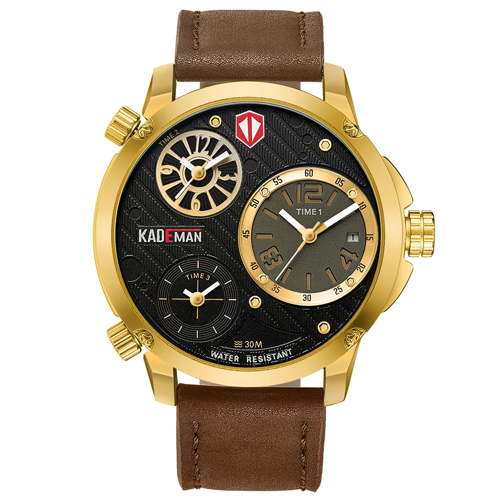 

KADEMAN Large Dial Relogio Masculino TOP Brand Luxury Watch Men Double Time Zone Quartz Watch Leather Strap Mens Watch Reloj Hom